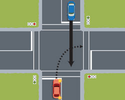 Two vehicles coming towards each other and turning right
