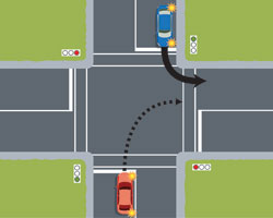 Both vehicles facing a green traffic light