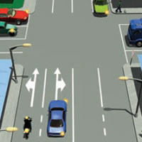 Picture of car indicating to turn right in a right-turn lane